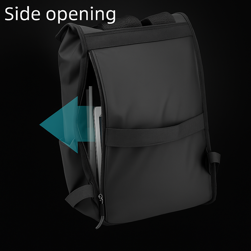 Black backpack with side opening feature highlighted on a black background