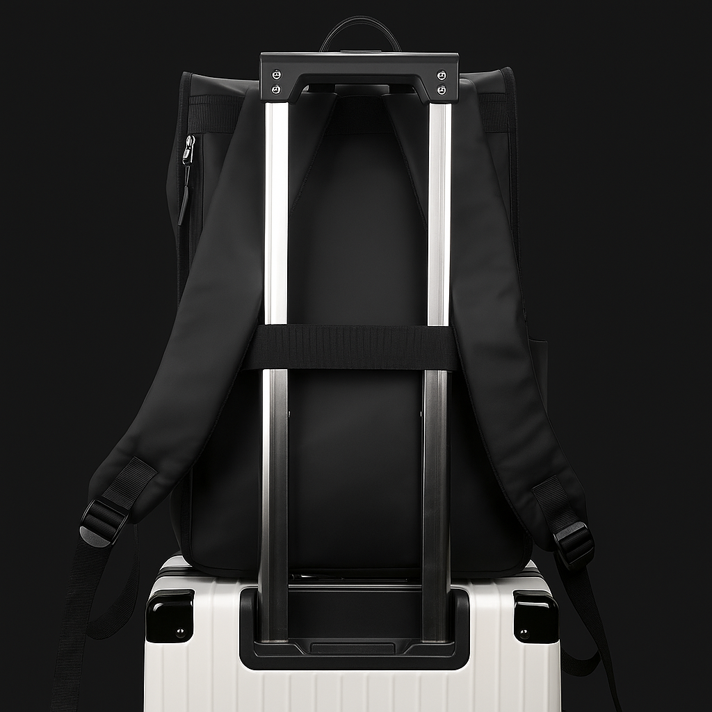 Black backpack on a white suitcase against a black background