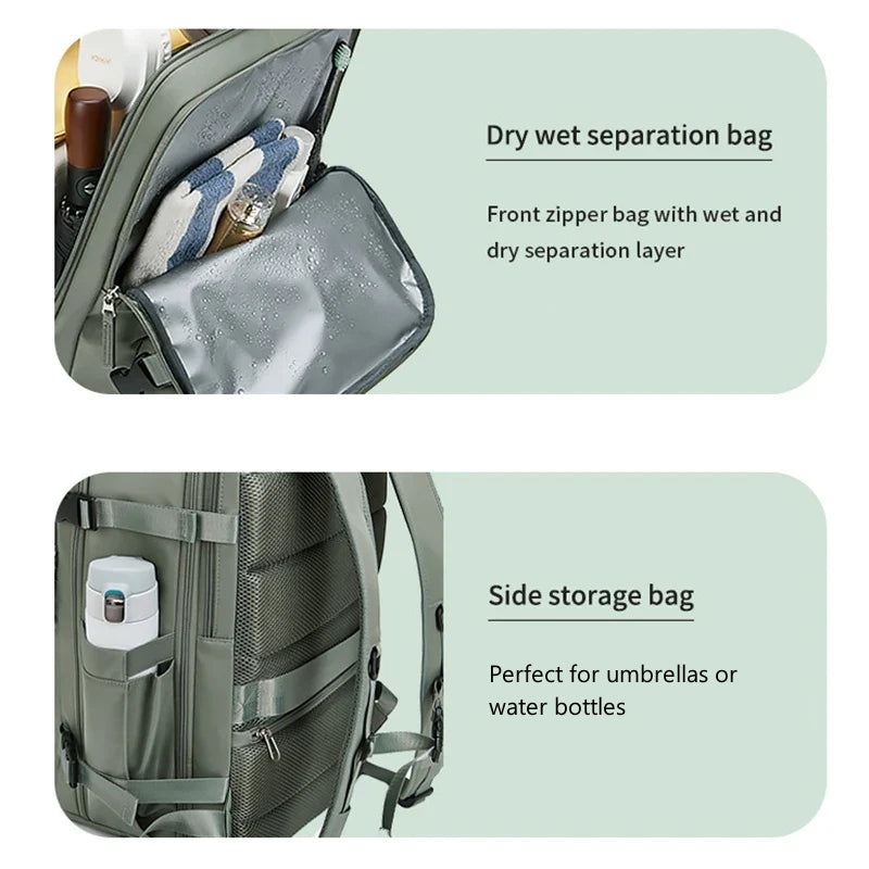 Backpack with dry wet separation bag and side storage bag features on a light green background
