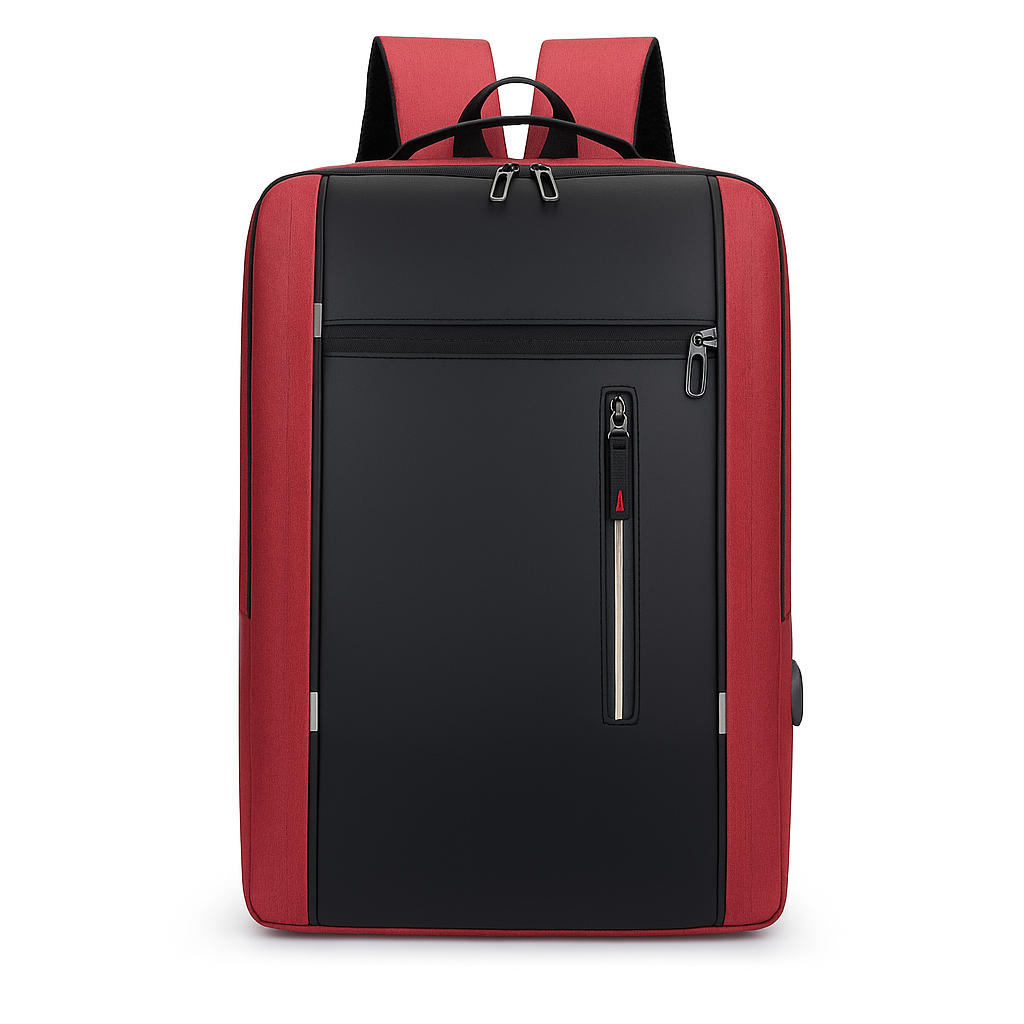 Red and black backpack on a white background