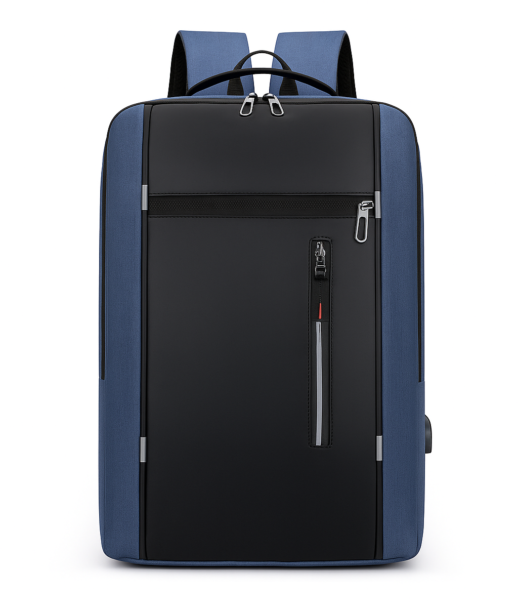 Black and blue backpack with a front pocket on a white background