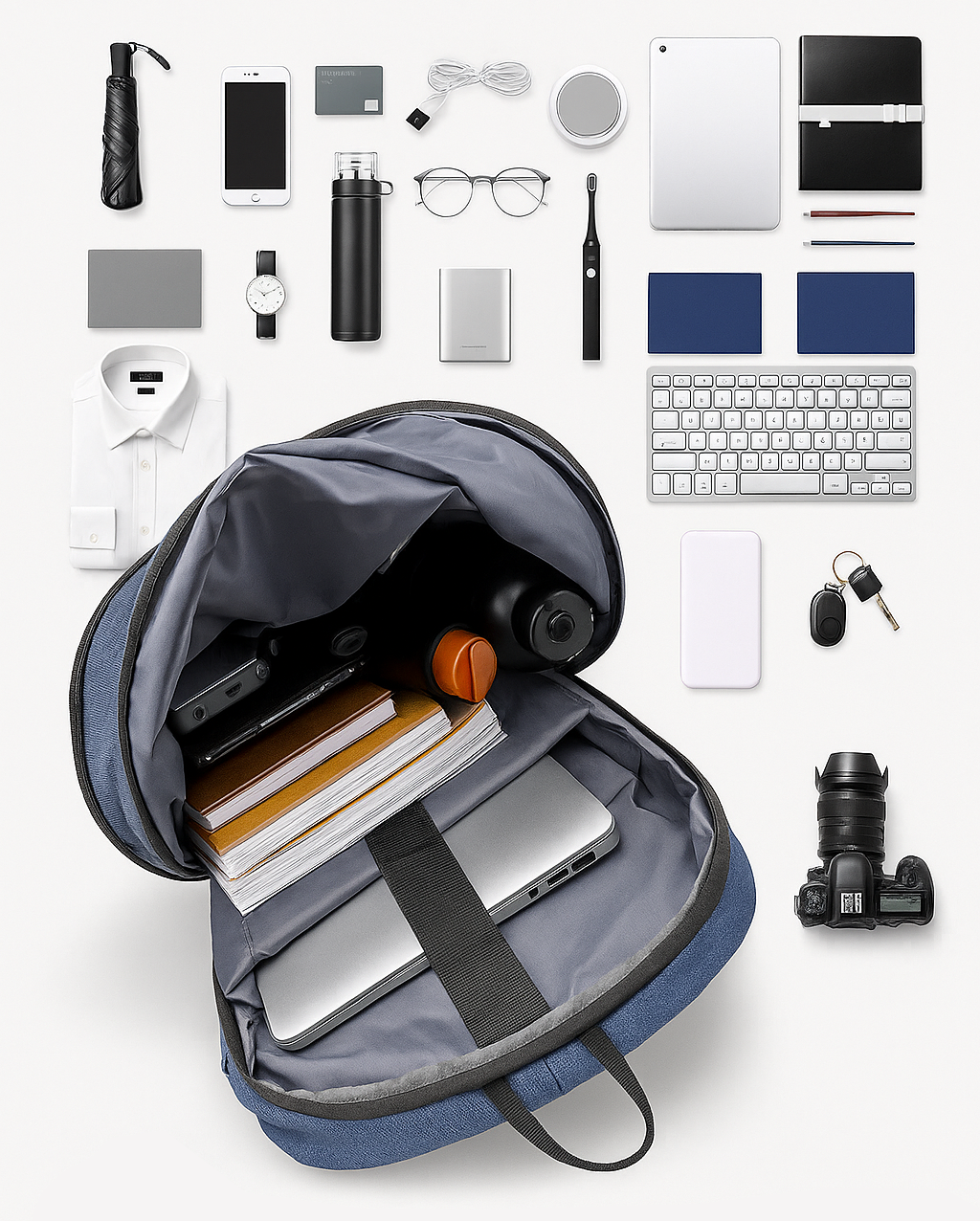 Blue backpack with various items arranged around it on a white background
