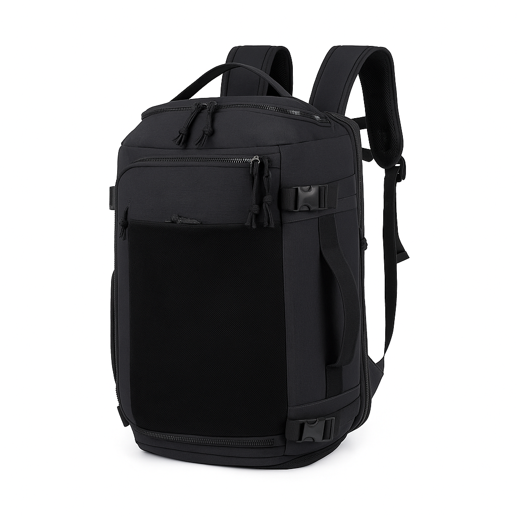 Black backpack on a white background