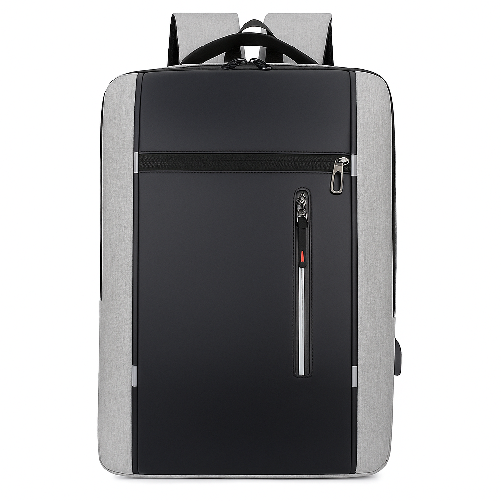 Black and gray backpack with a zipper pocket on a white background