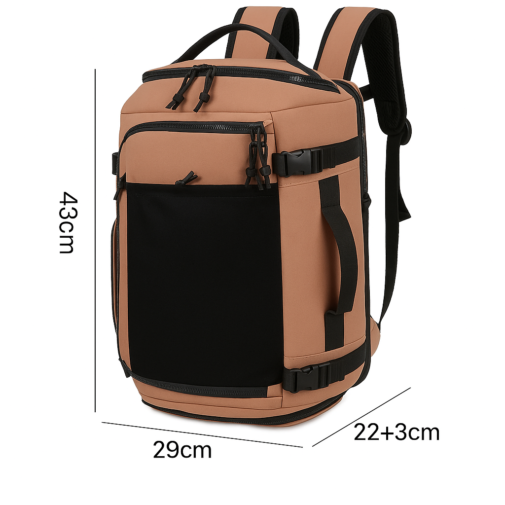 Brown backpack with black accents and measurements on a white background