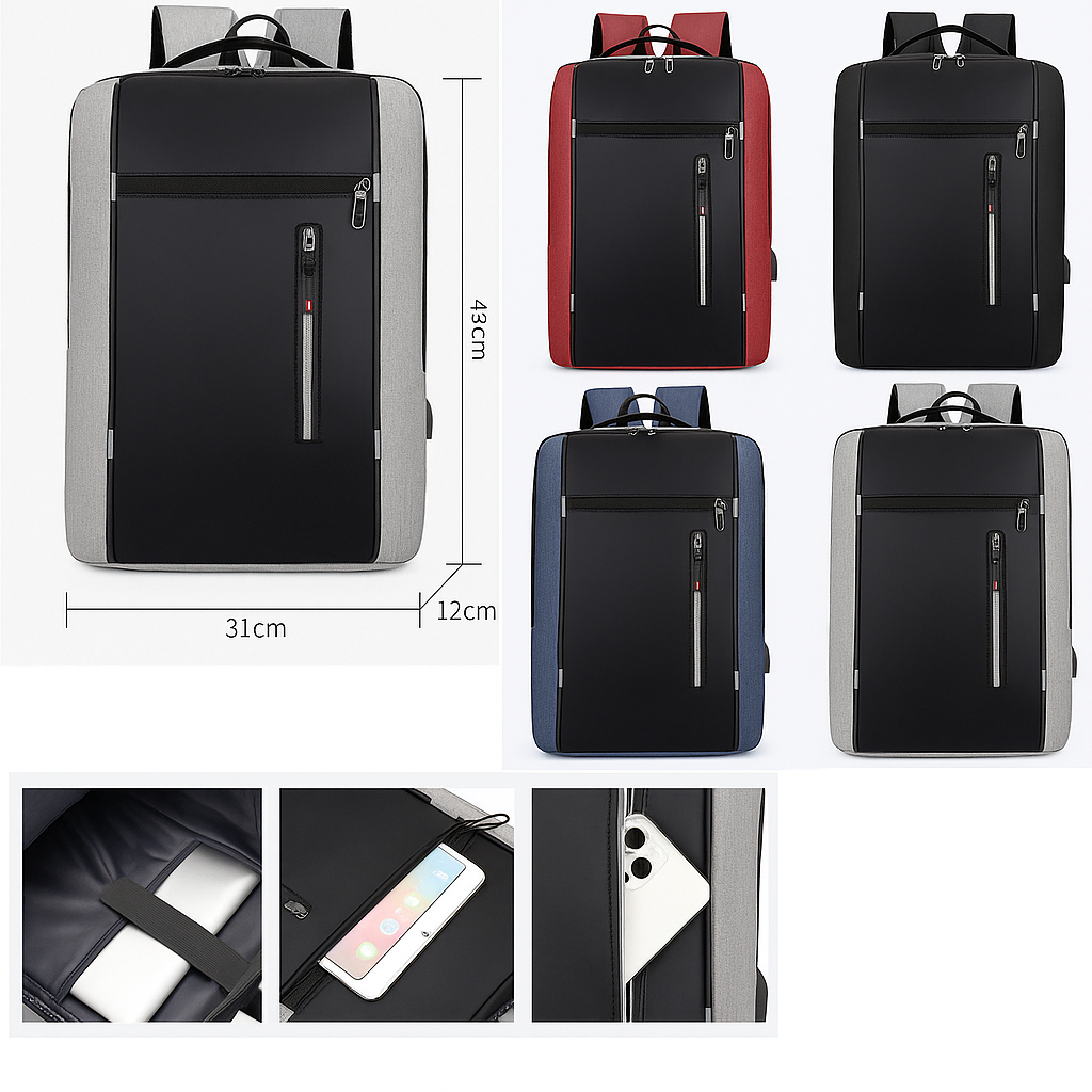 Backpacks in various colors with dimensions and product details.