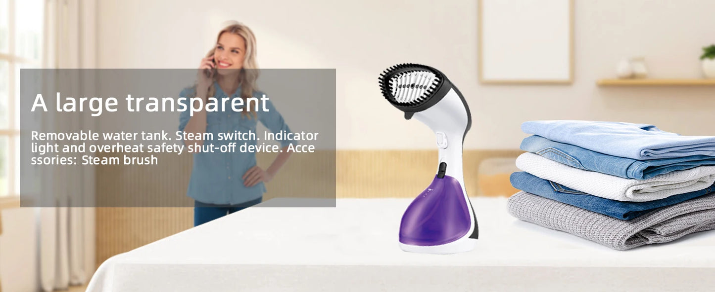 Purple handheld steamer on a table with folded clothes, woman talking on phone in the background.