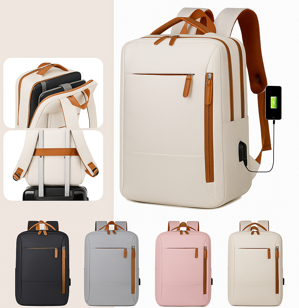 White backpack with brown straps and USB port, shown from multiple angles on a white background.