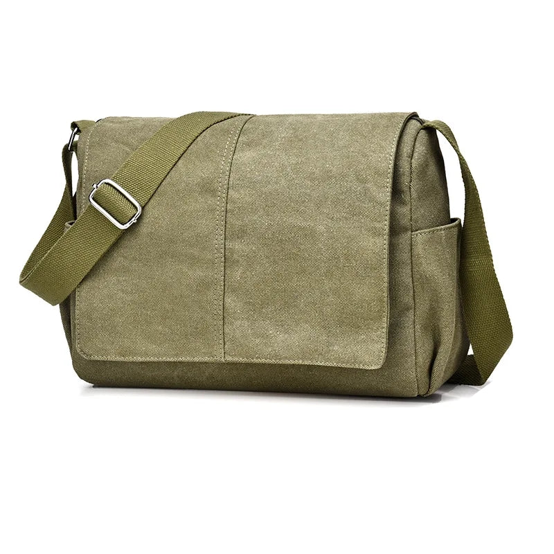 Green canvas messenger bag with a strap on a white background