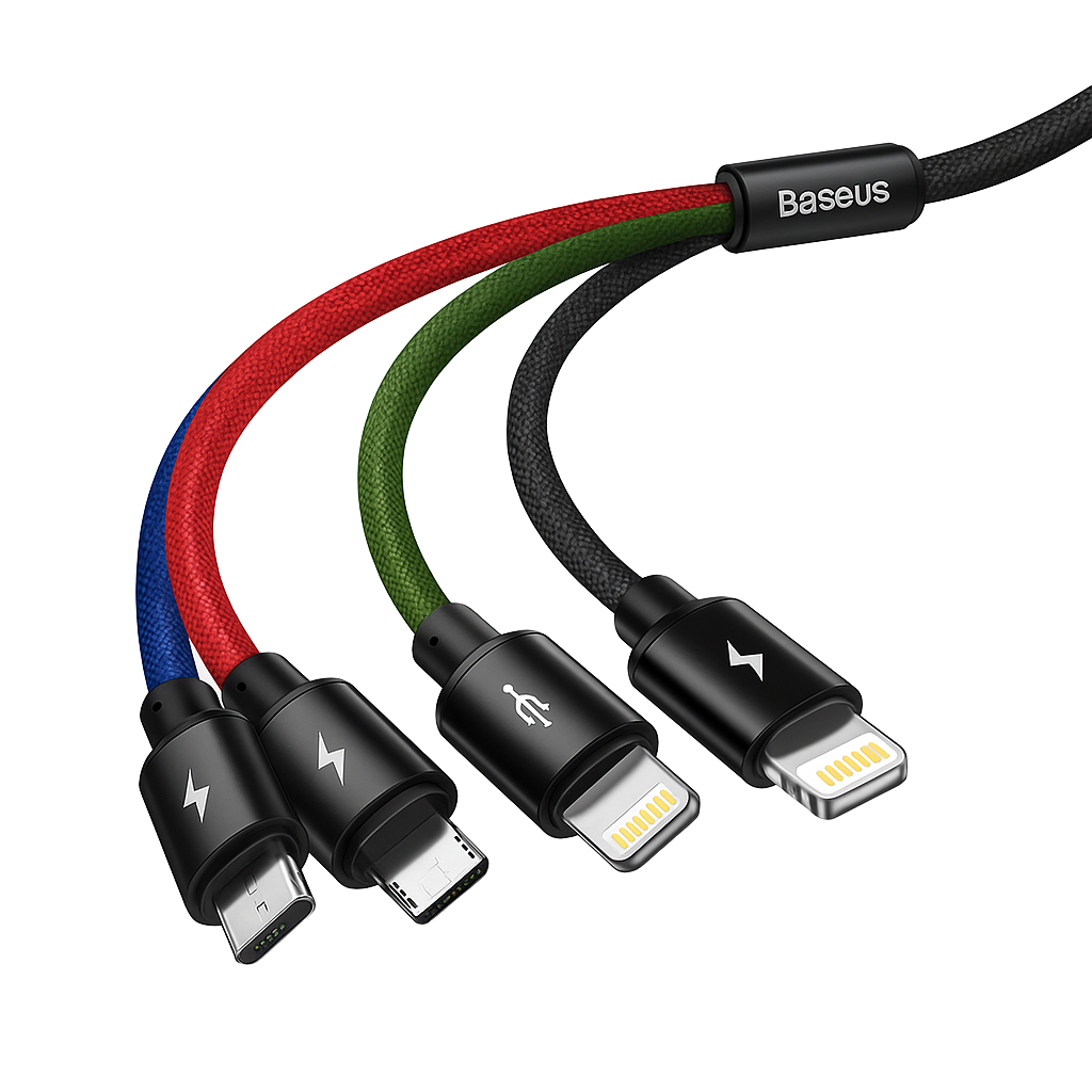 Multifunctional charging cable with multiple connectors on a white background, featuring the Baseus brand.