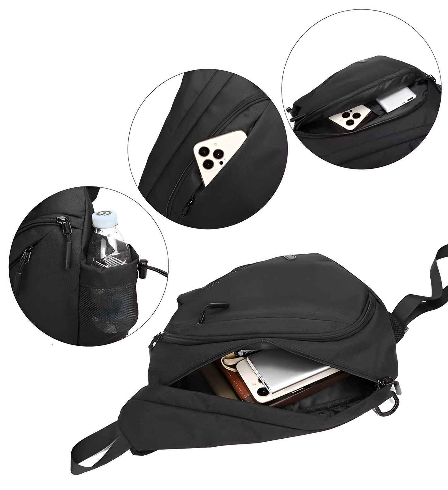 Black backpack with multiple compartments and phone pocket on a white background