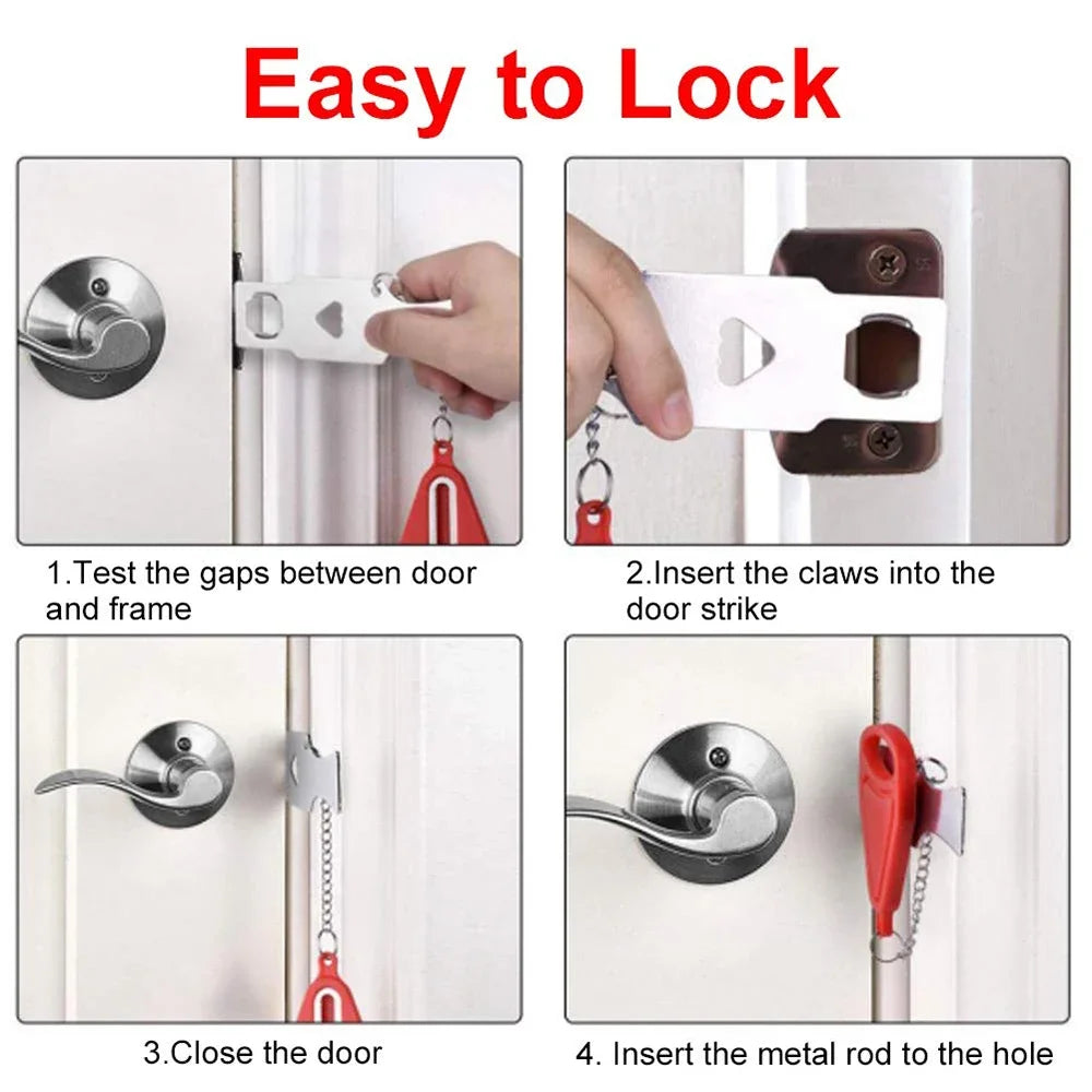 Step-by-step guide on how to use a door lock mechanism with text 'Easy to Lock'.