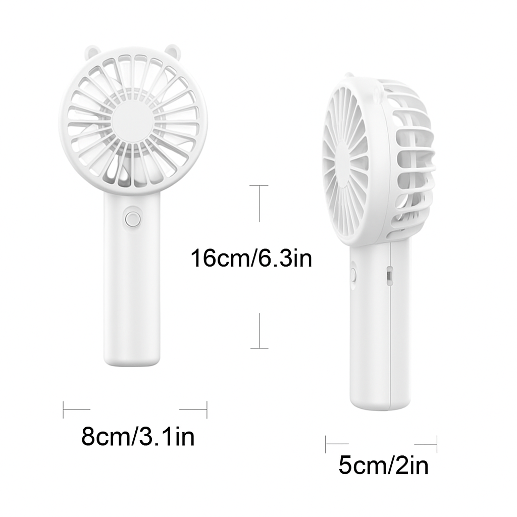 Two white handheld fans with dimensions indicated on a white background