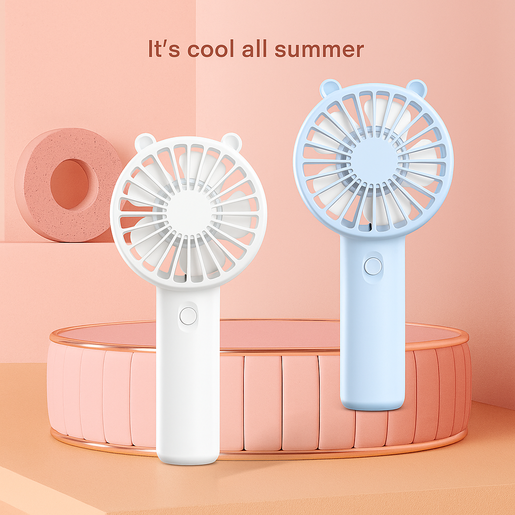 Two handheld fans, one white and one blue, on a pink background with text 'It's cool all summer'.