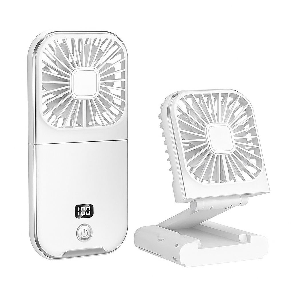 White handheld fan with digital display and power button on a white background