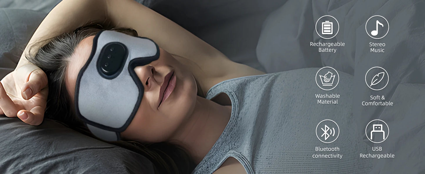 Person wearing a sleep mask with icons and text on a dark background