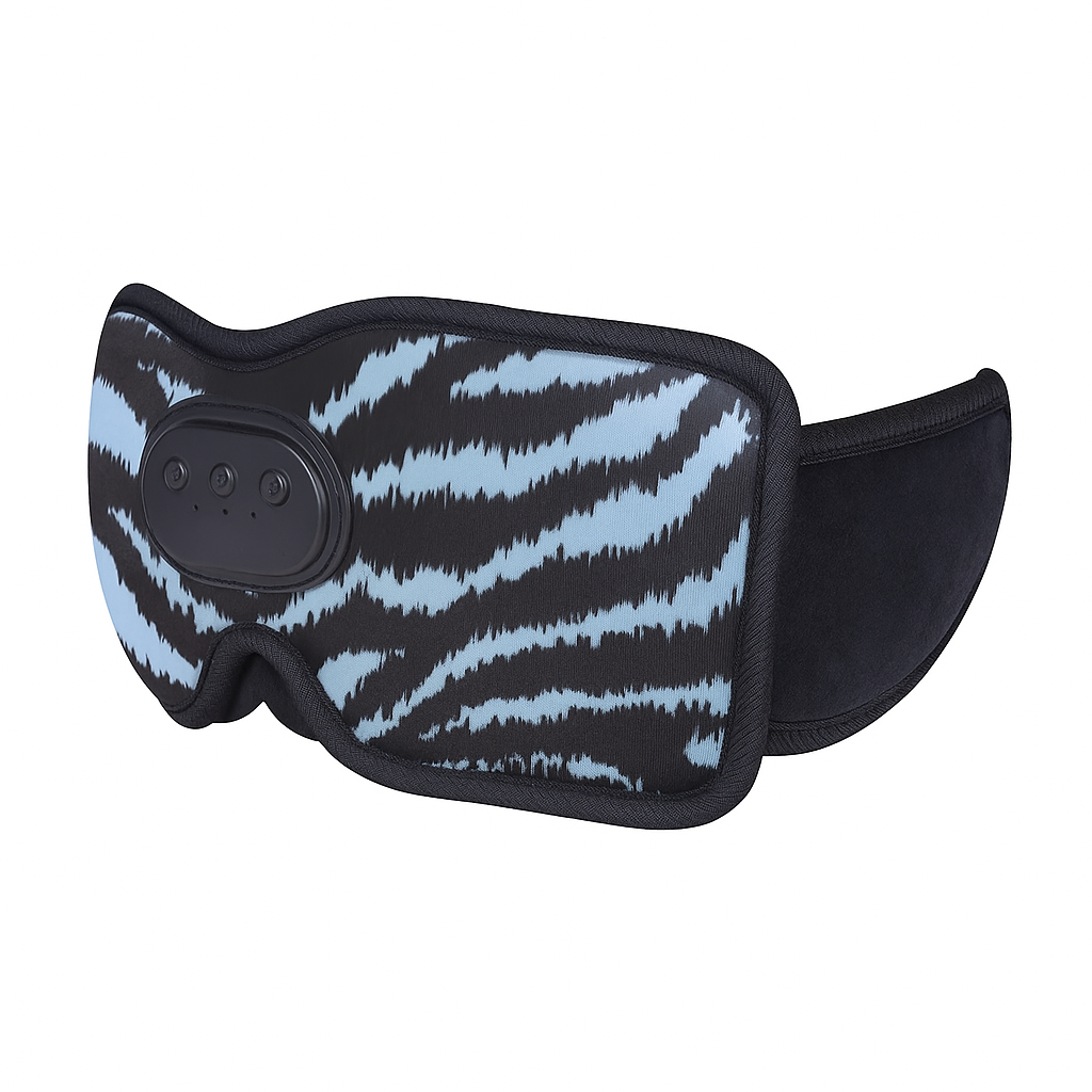 Black and blue zebra patterned eye mask with a black button on a white background