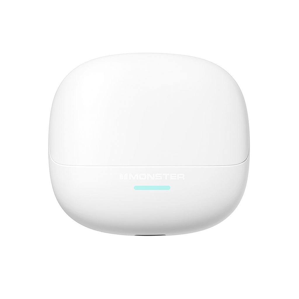 White wireless earbud case with a small blue light on a white background