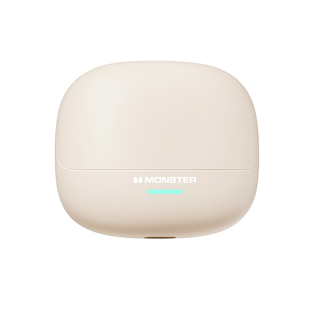 Beige wireless earbuds case with 'Monster' branding on a white background