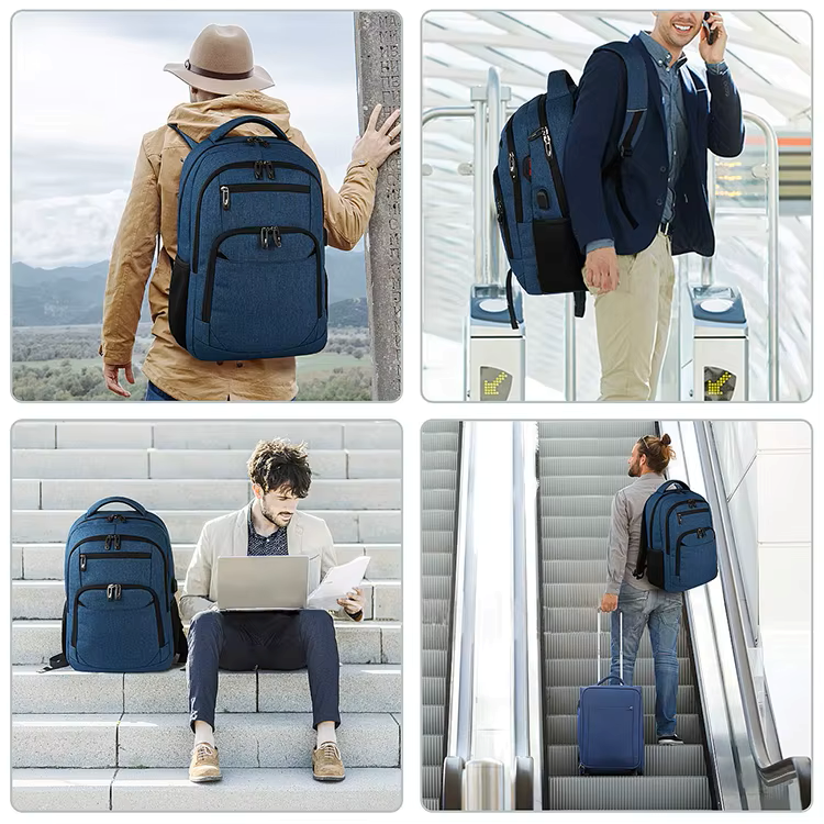 Collage of a person using a blue backpack in various settings.