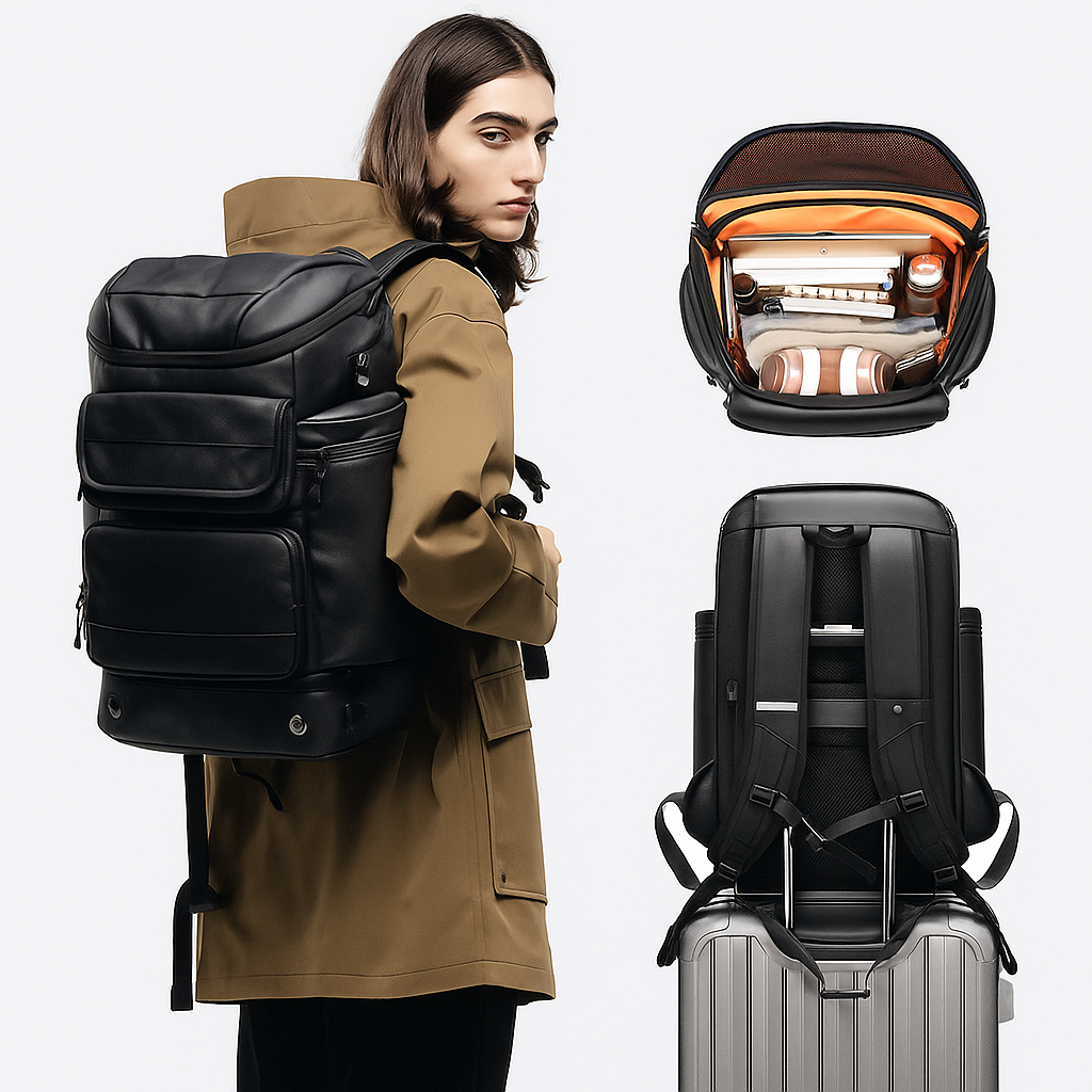 Person wearing a large black backpack with additional views of the backpack and suitcase on a white background.