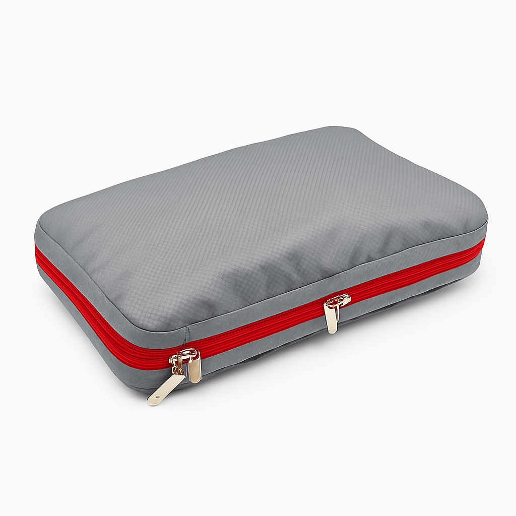 Gray travel pouch with a red zipper on a white background