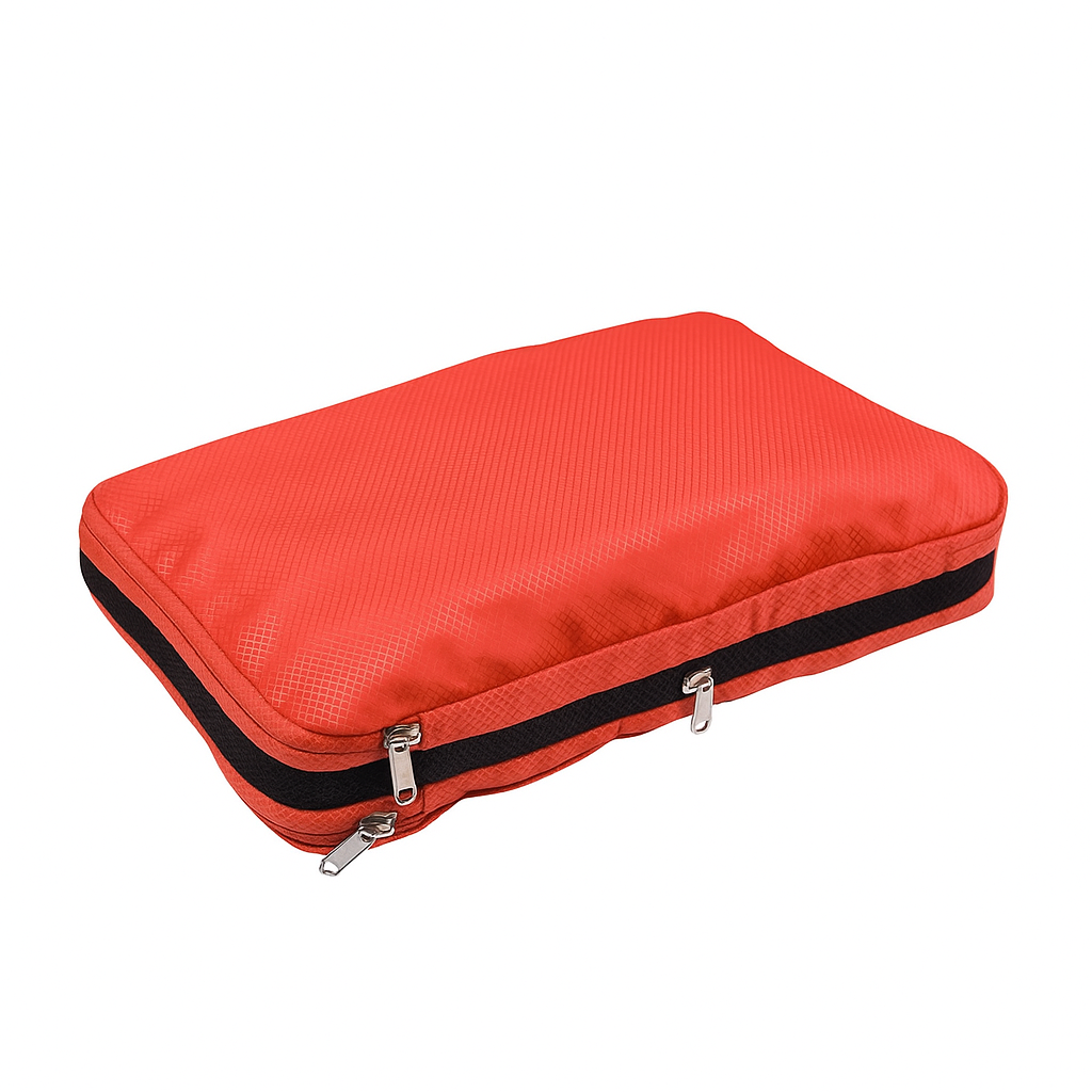 Red rectangular pouch with black zipper on a white background