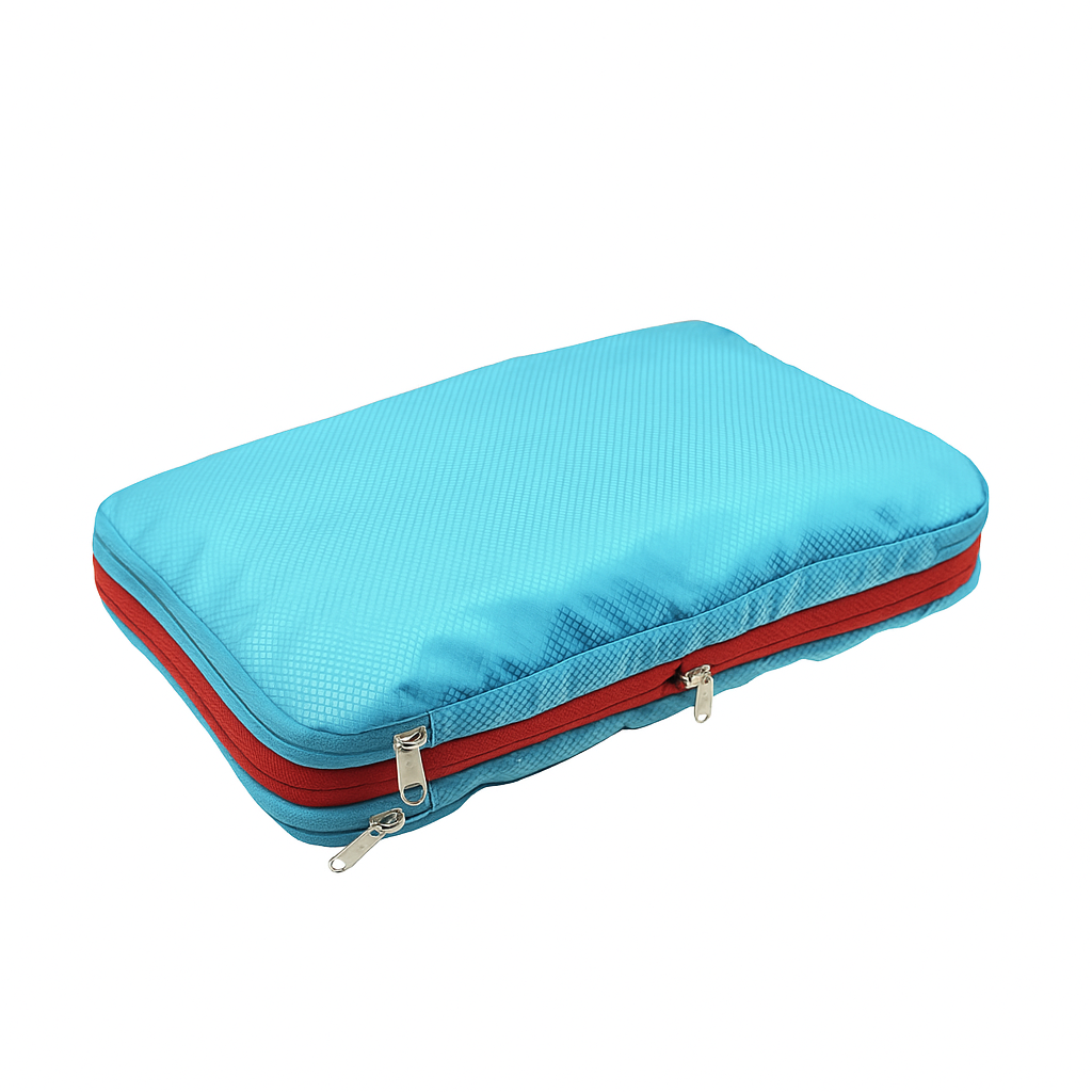 Blue rectangular pouch with a red zipper on a white background