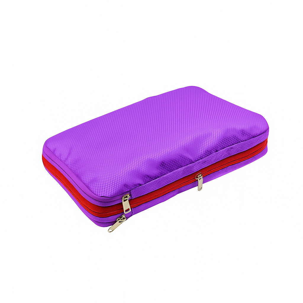 Purple and red zippered pouch on a white background