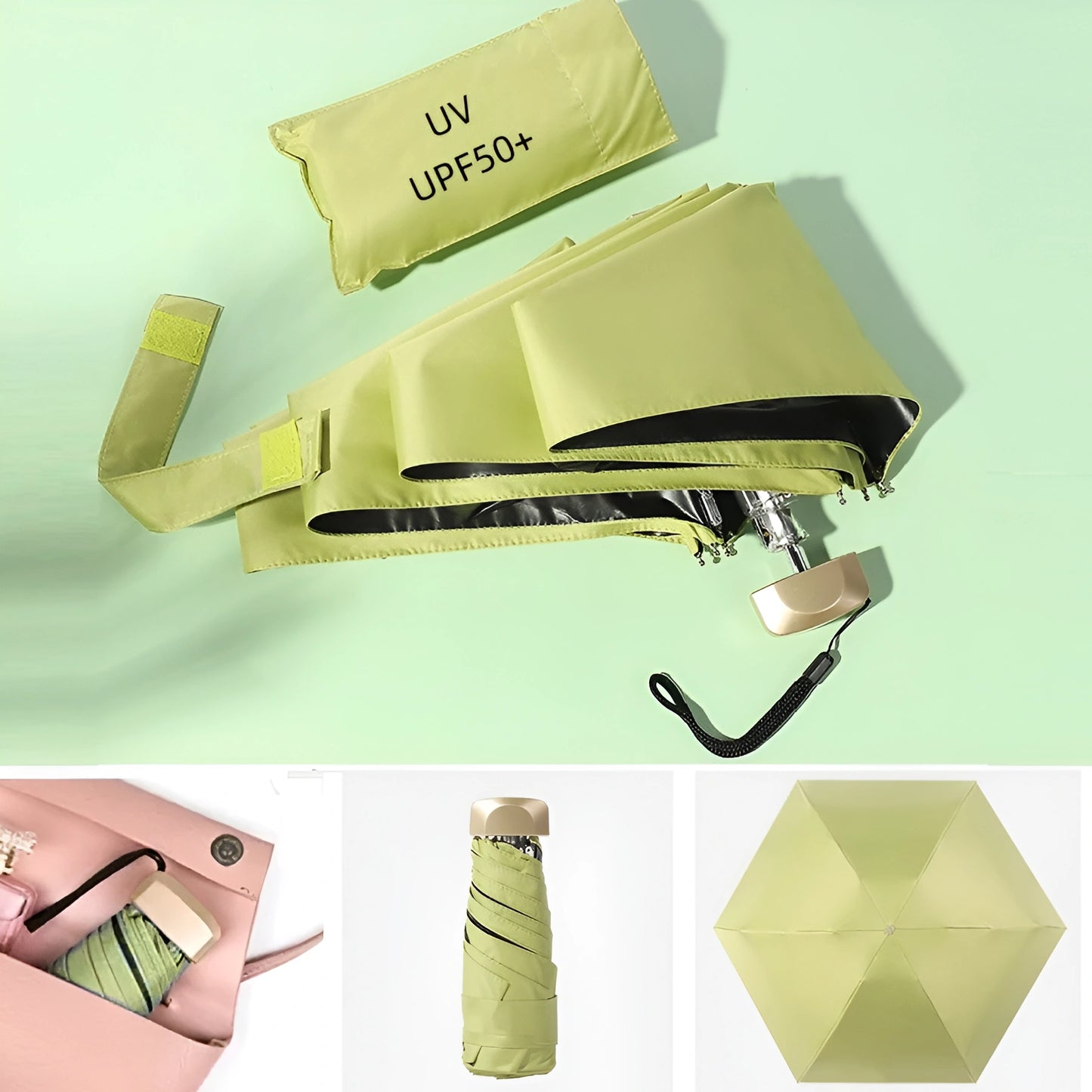 Collage of a green umbrella with UV protection feature on a light green background