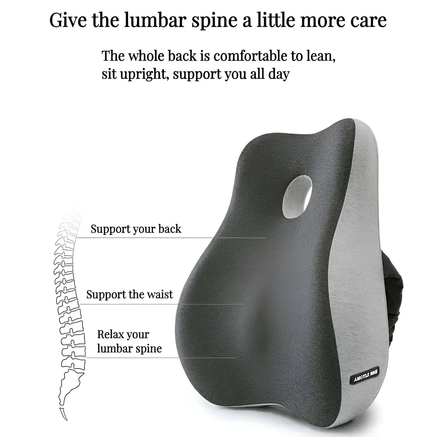 Back support pillow with text on a white background