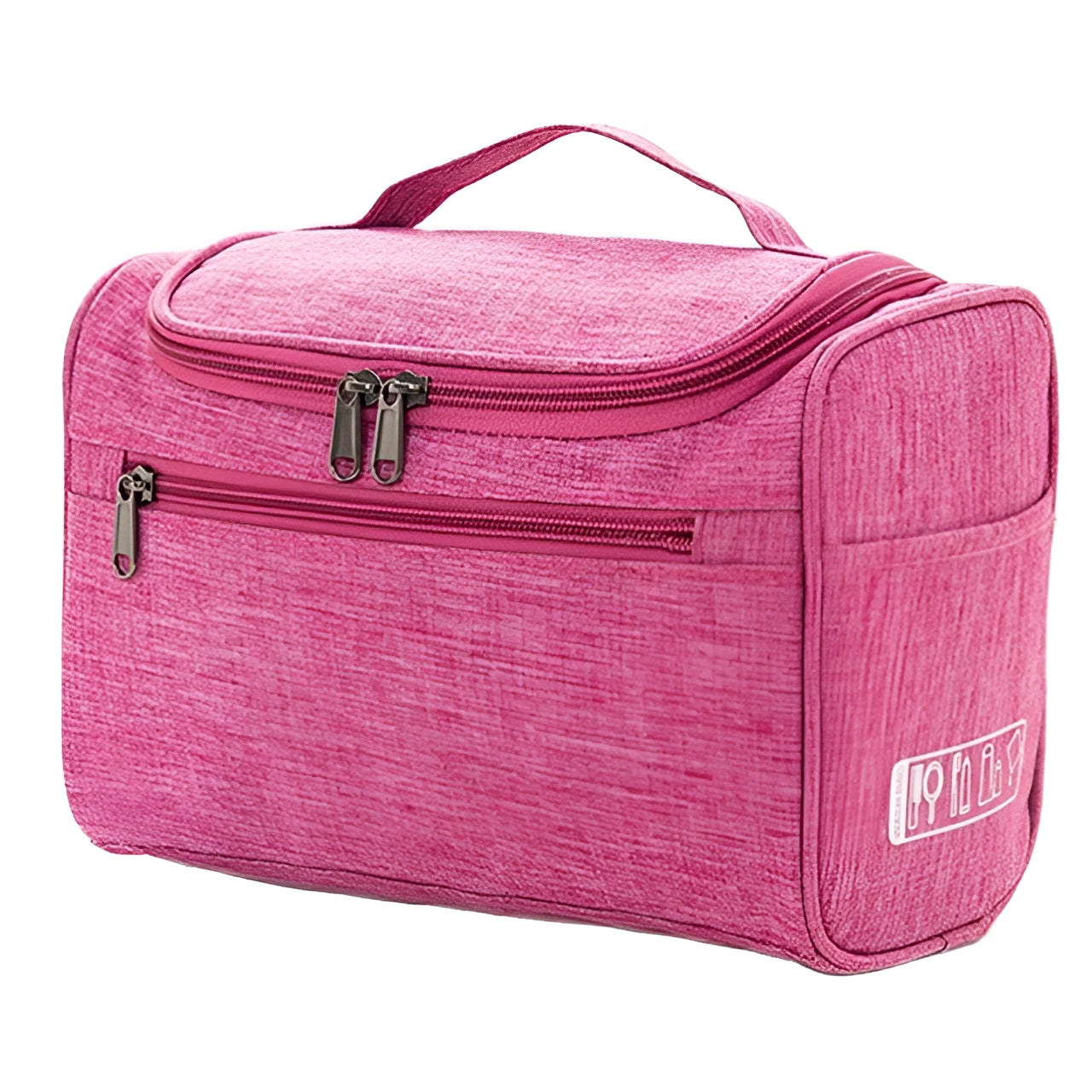 Pink toiletry bag with a handle on a white background