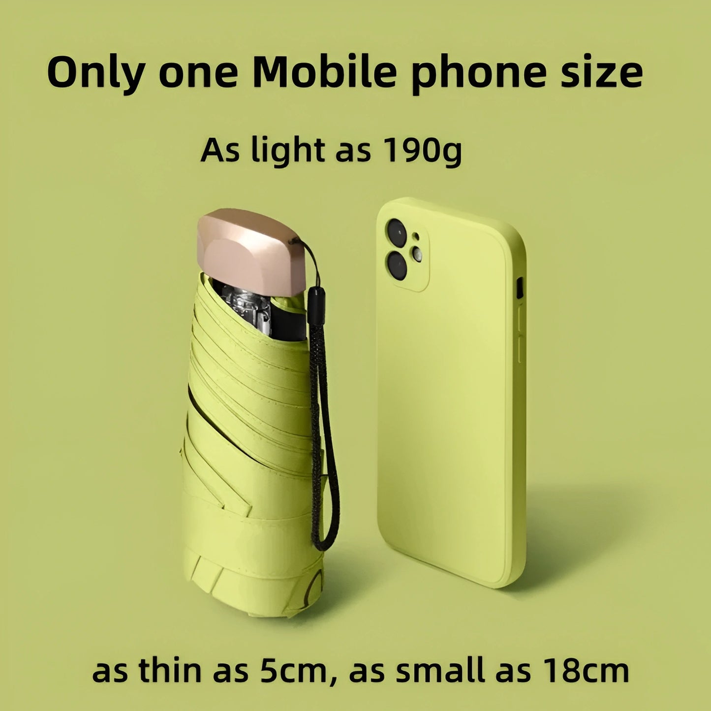 Yellow phone case next to a smartphone on a green background with text about size and weight.