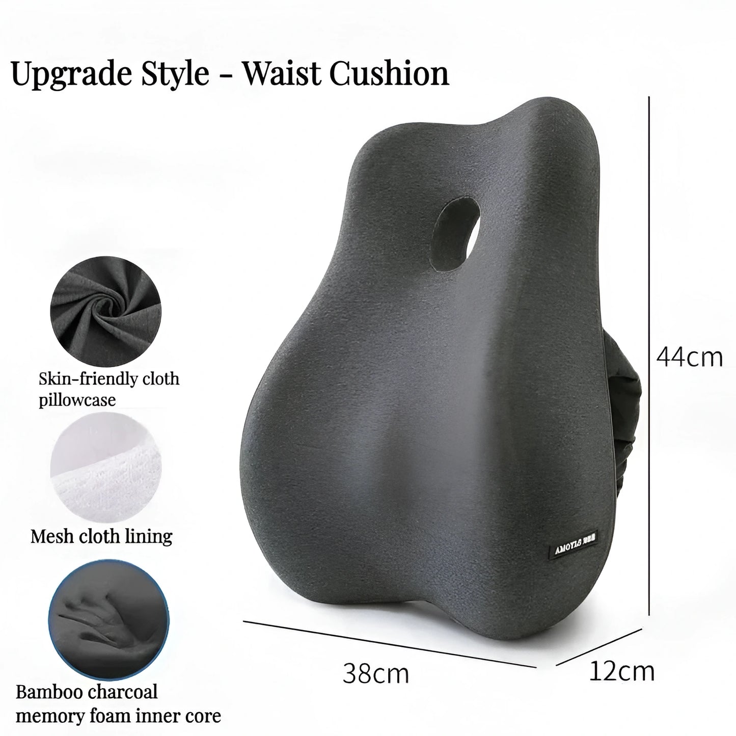 Gray waist cushion with features and dimensions on a white background