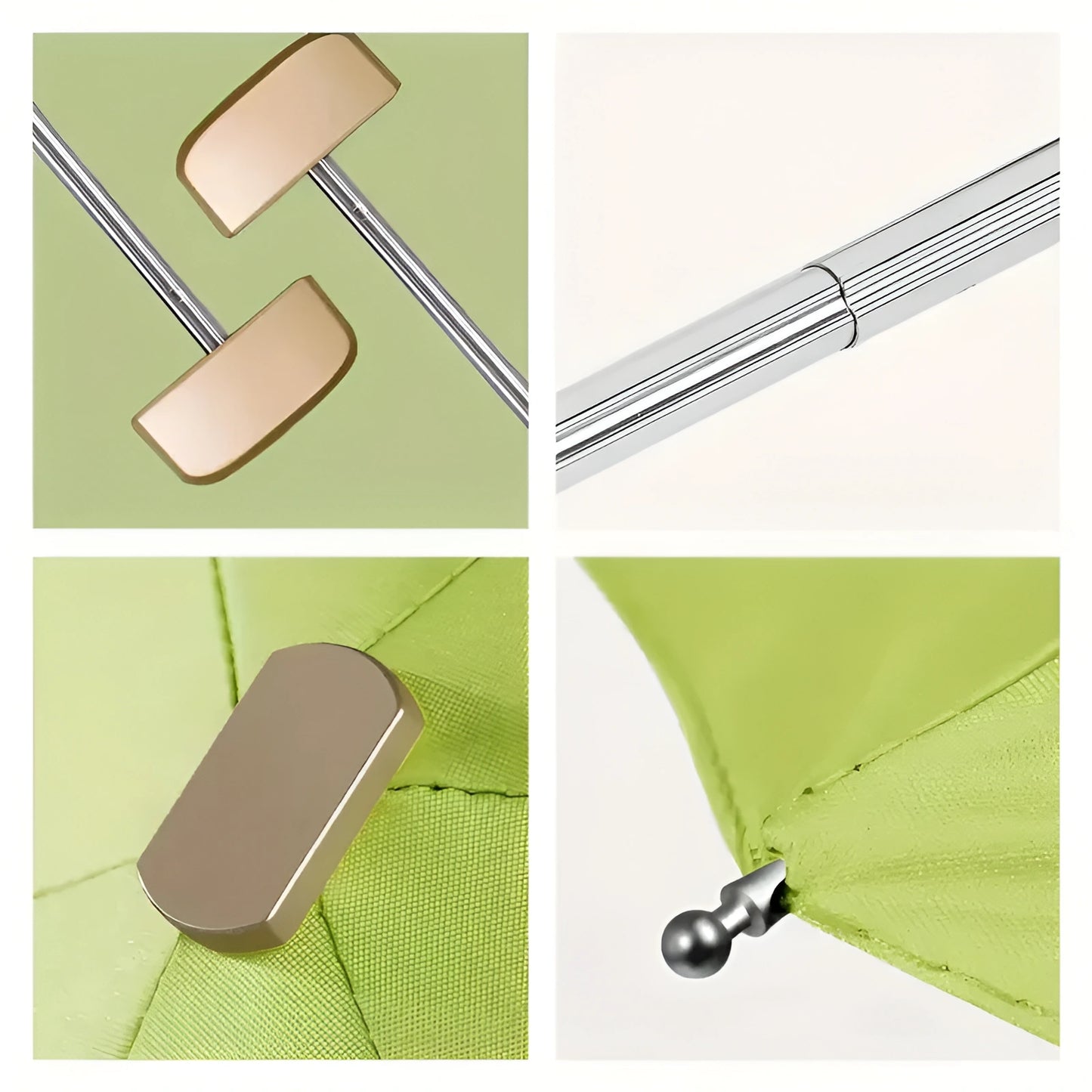 Collage of close-up details of a green umbrella with metal parts on a white background