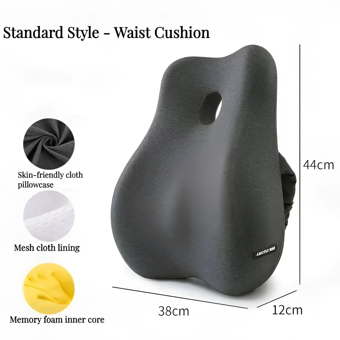Gray waist cushion with features and dimensions labeled