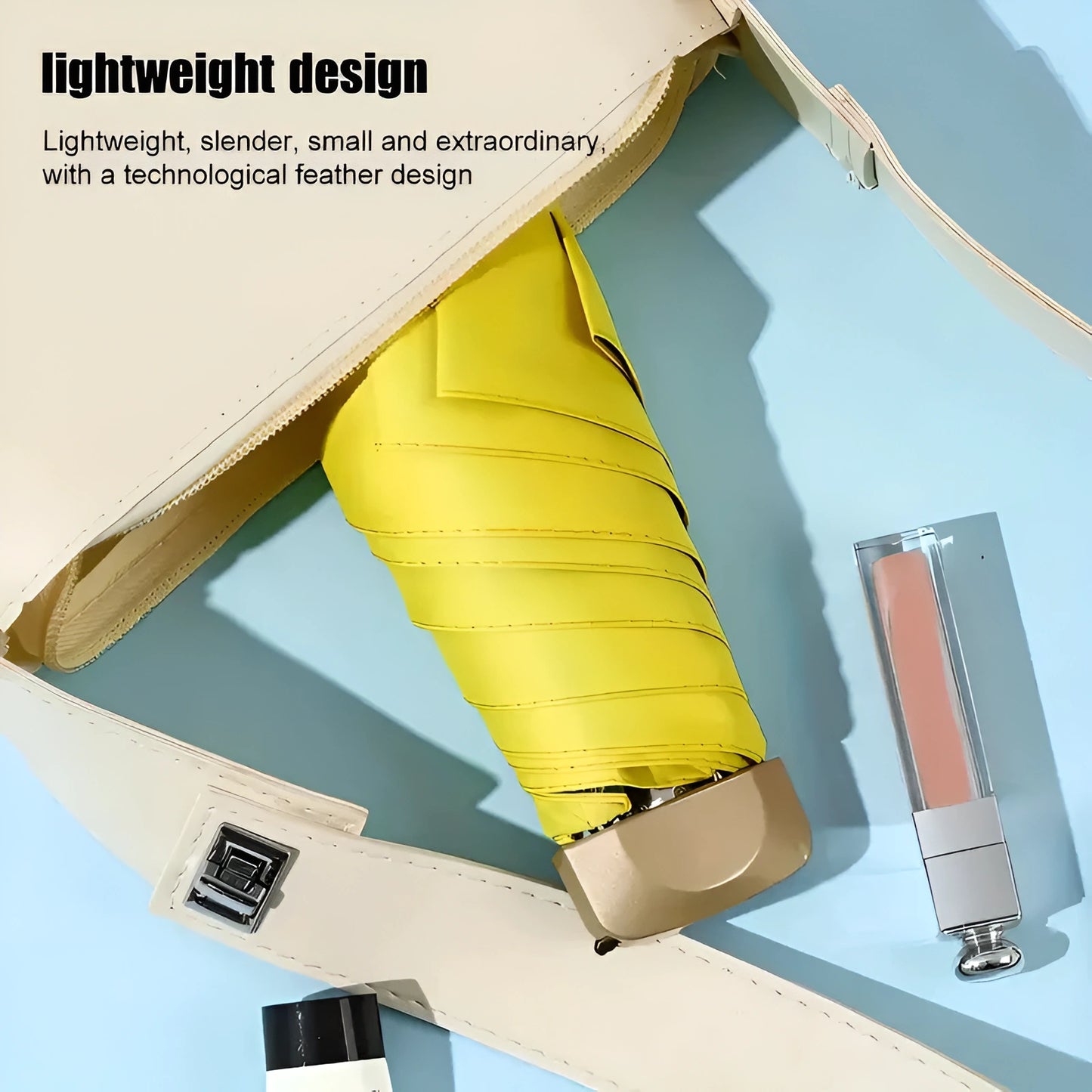 Yellow umbrella with beige handle and case on a light blue background