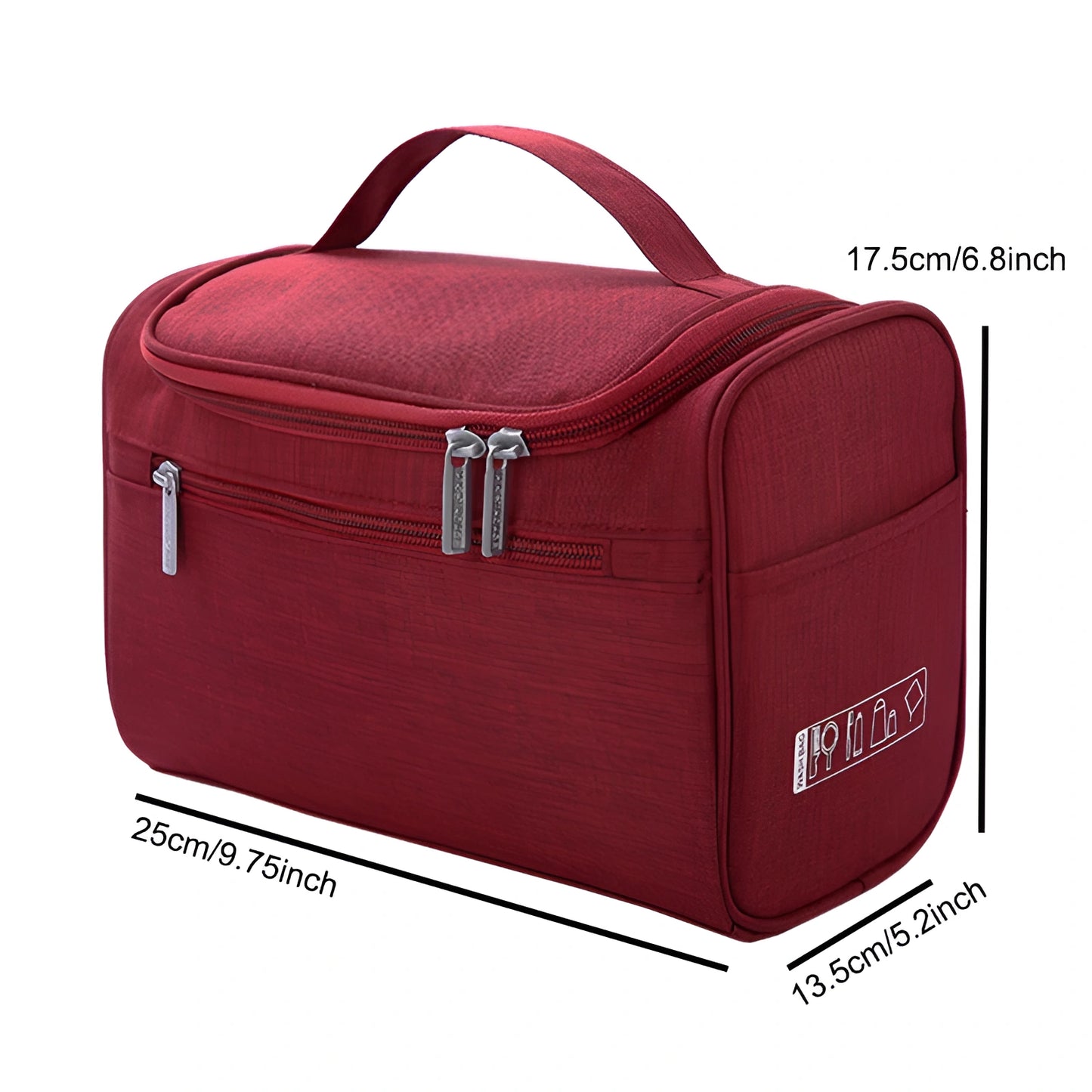 Red toiletry bag with dimensions on a white background