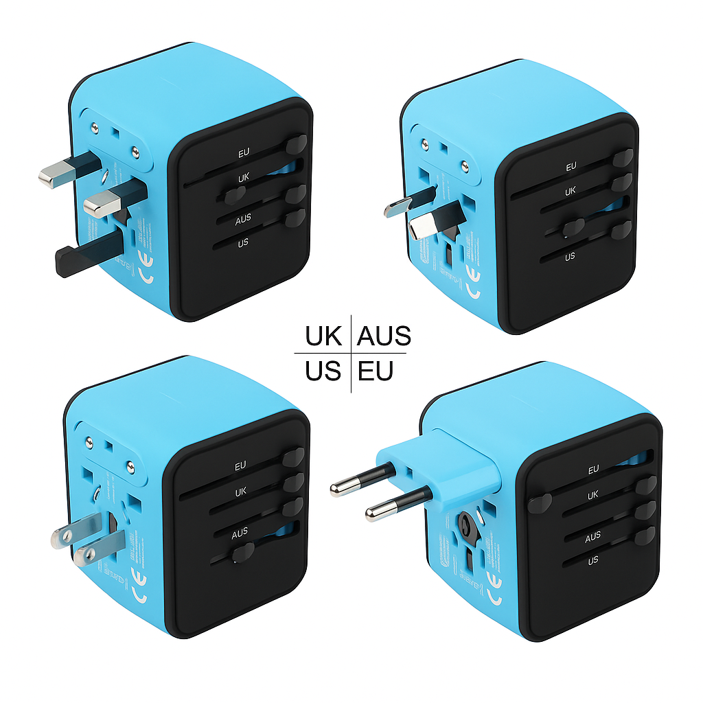 Blue and black travel adapter with multiple plug sockets on a white background