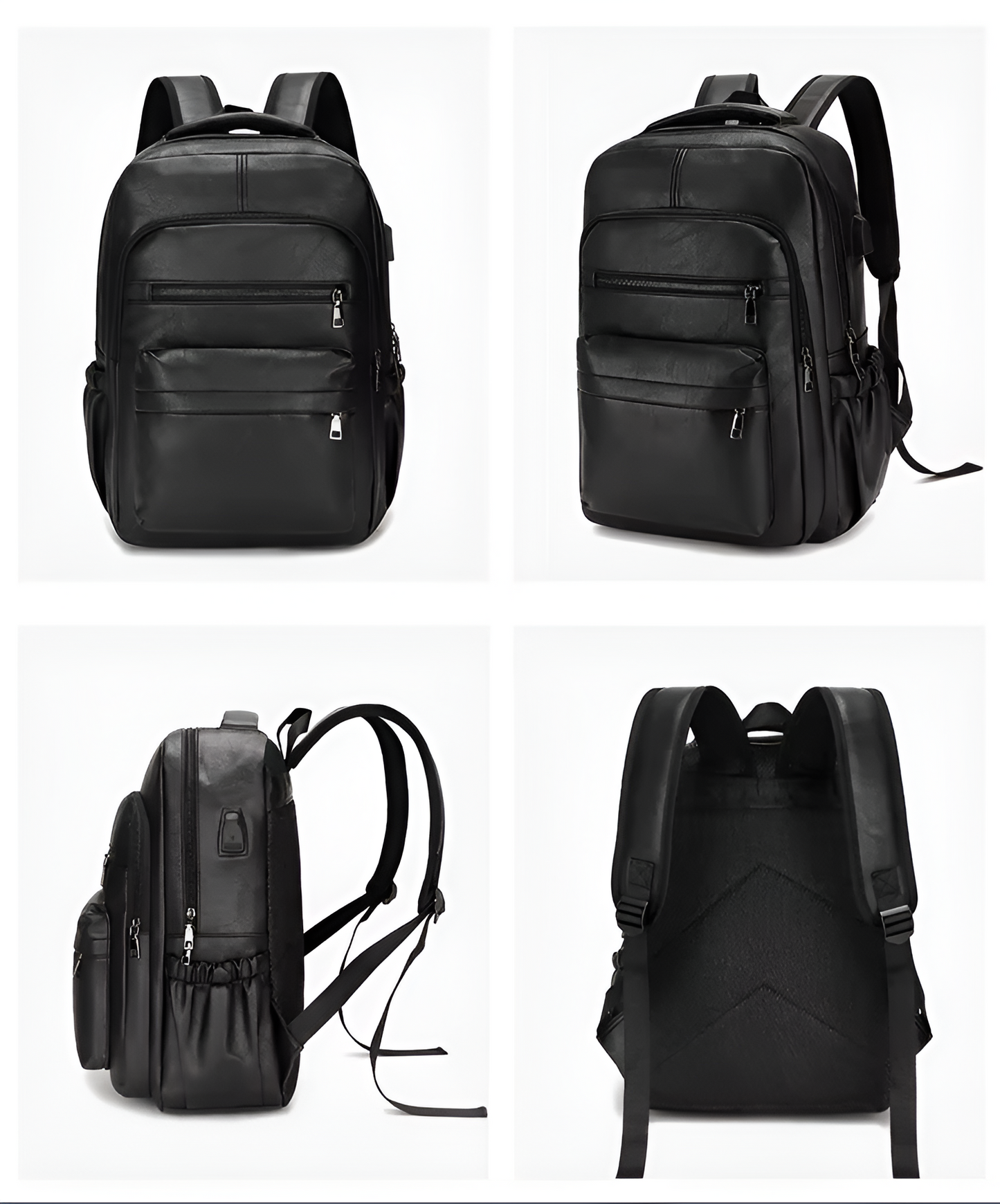 Black backpack shown from multiple angles on a white background