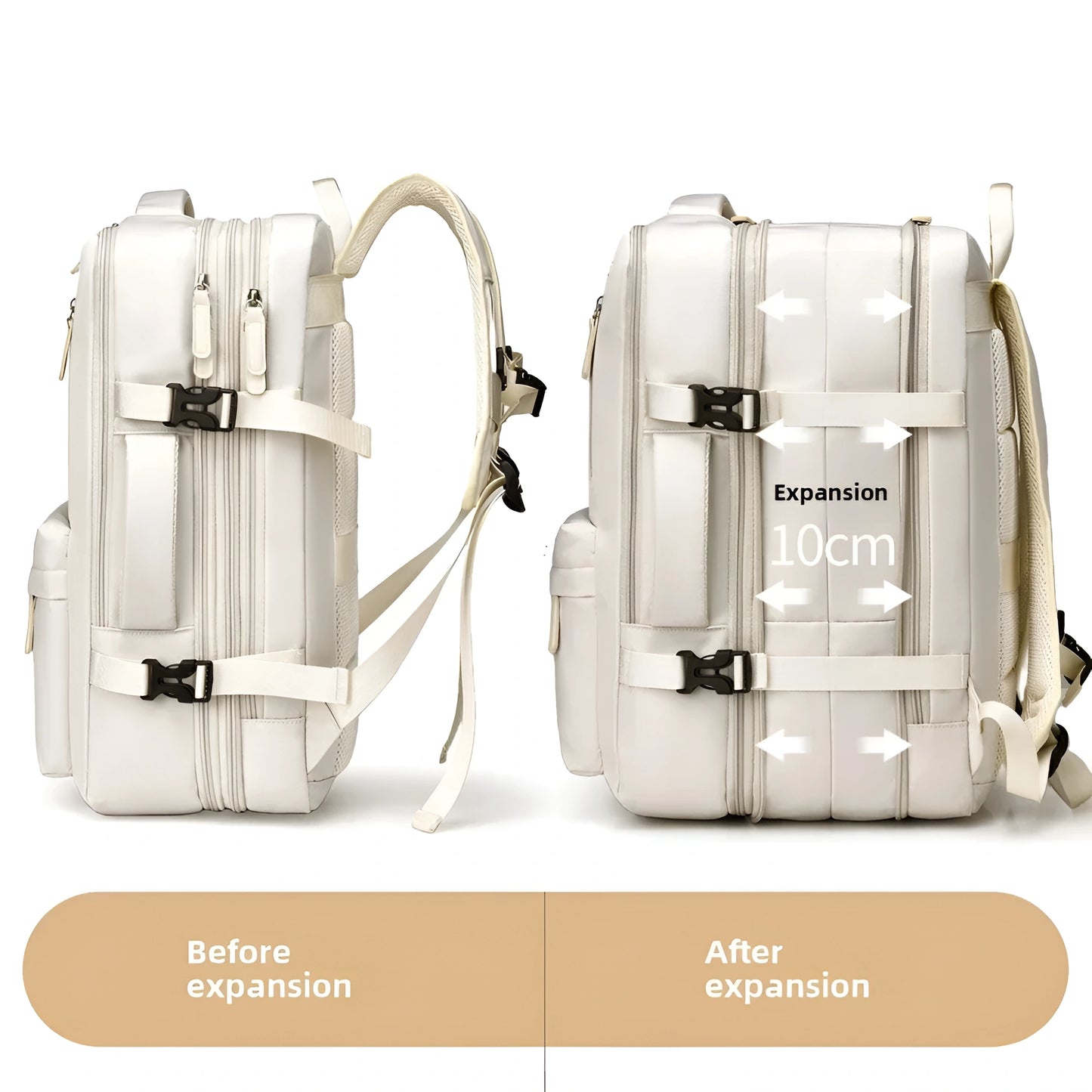 White backpack showing expansion feature with labeled 'Before expansion' and 'After expansion'.