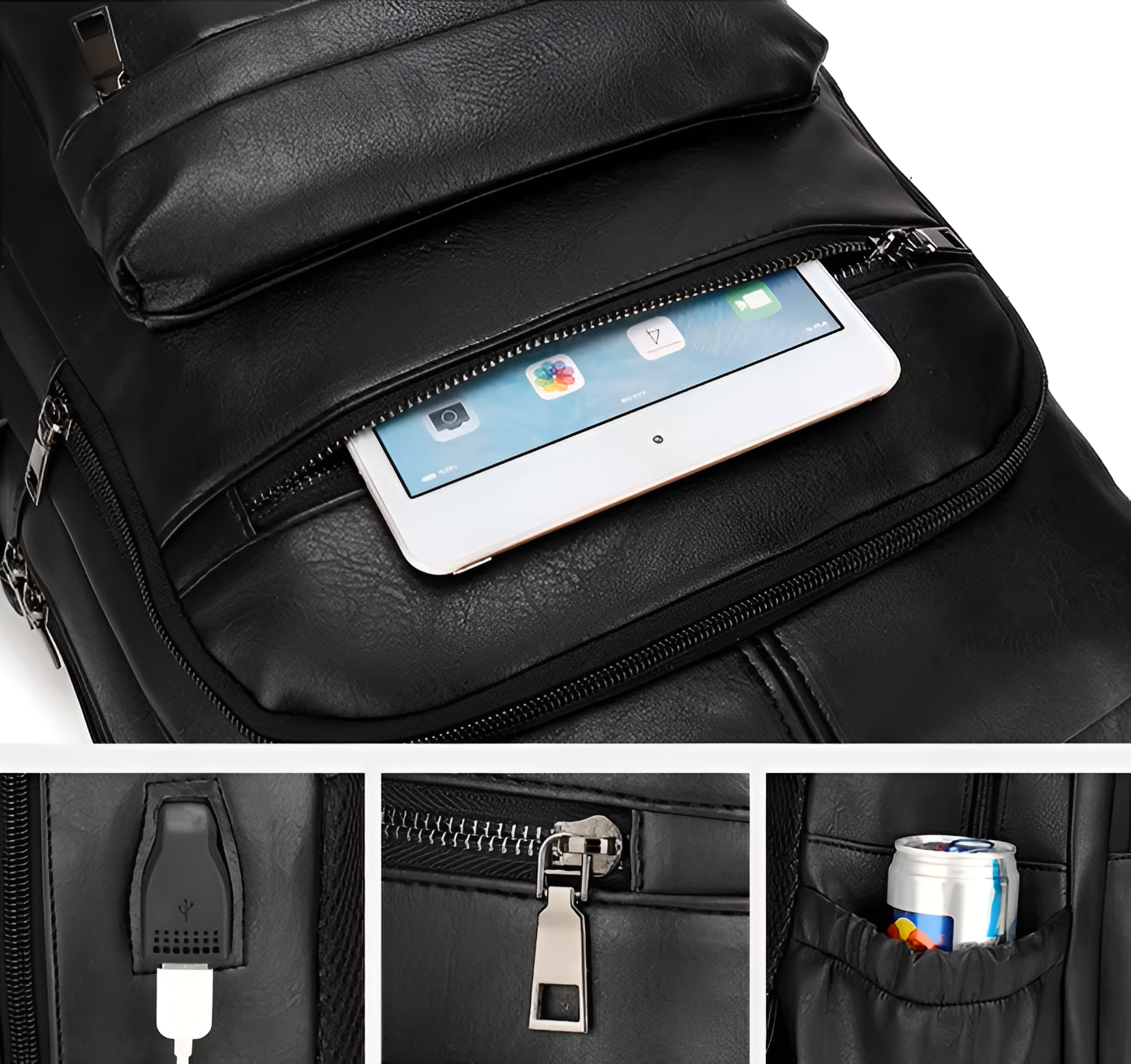 Black backpack with multiple compartments and a tablet inside, featuring close-up details.
