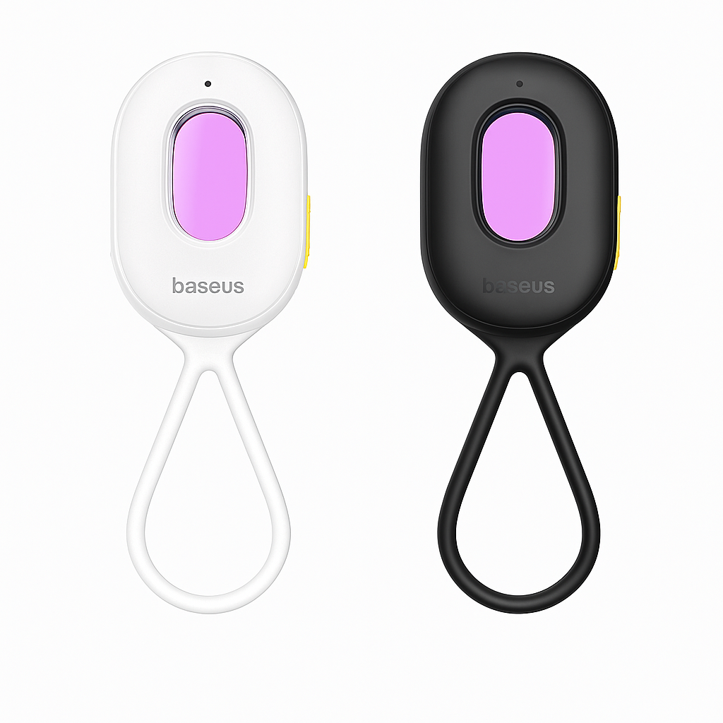 Two keychain devices, one white and one black, with a purple screen and 'baseus' branding on a white background.
