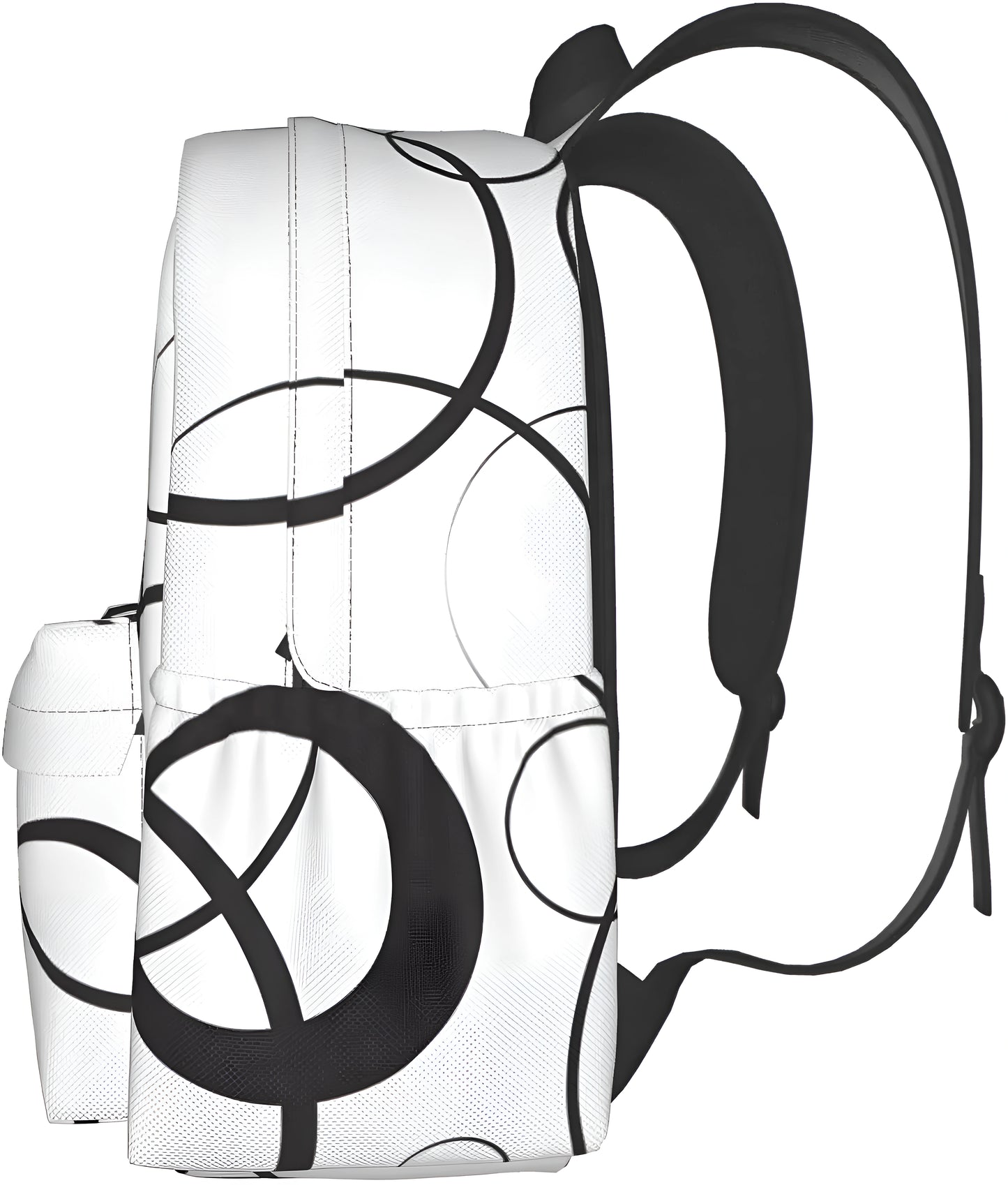 White backpack with black abstract designs on a white background