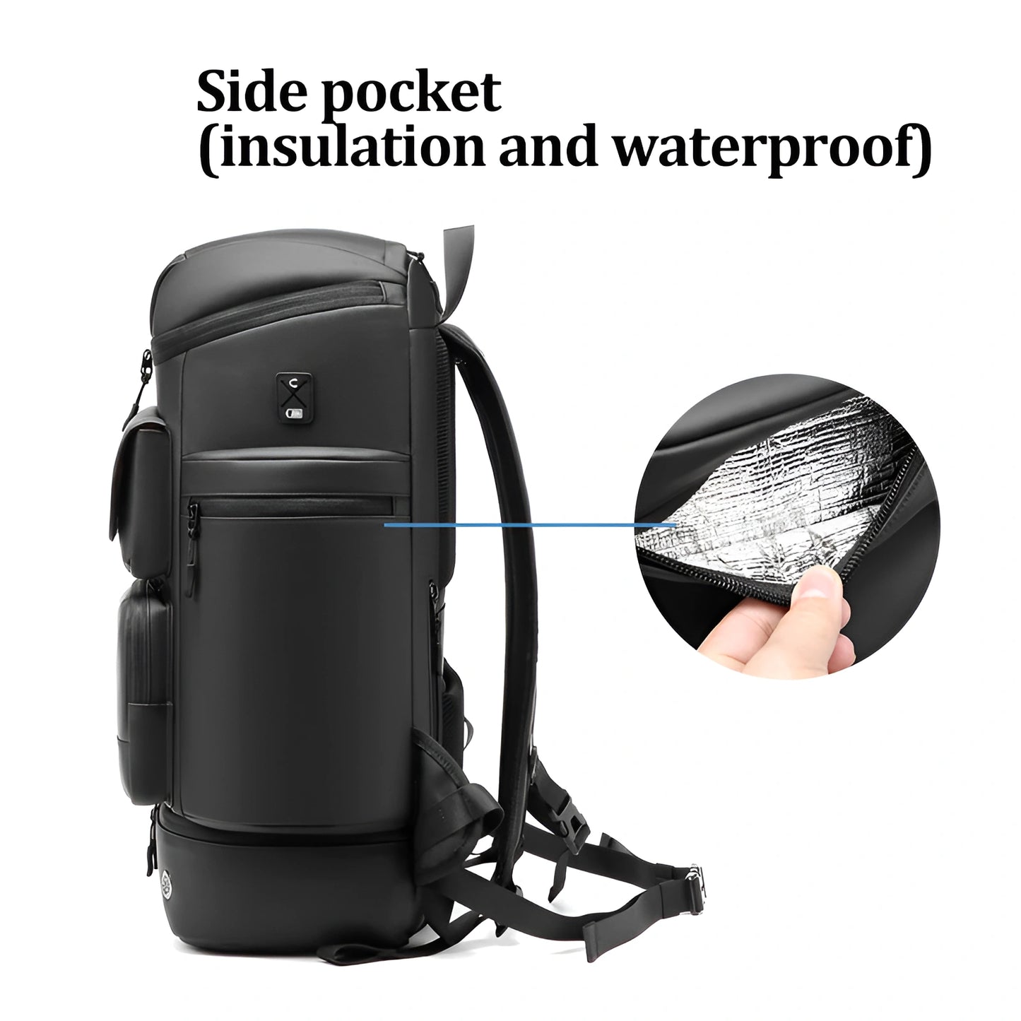 Black backpack with side pocket insulation and waterproof feature, labeled on a white background.