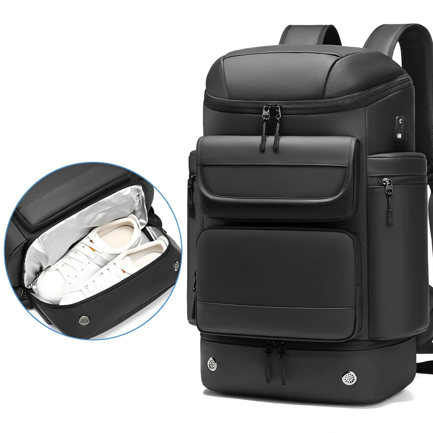 Black backpack with shoe compartment on a white background