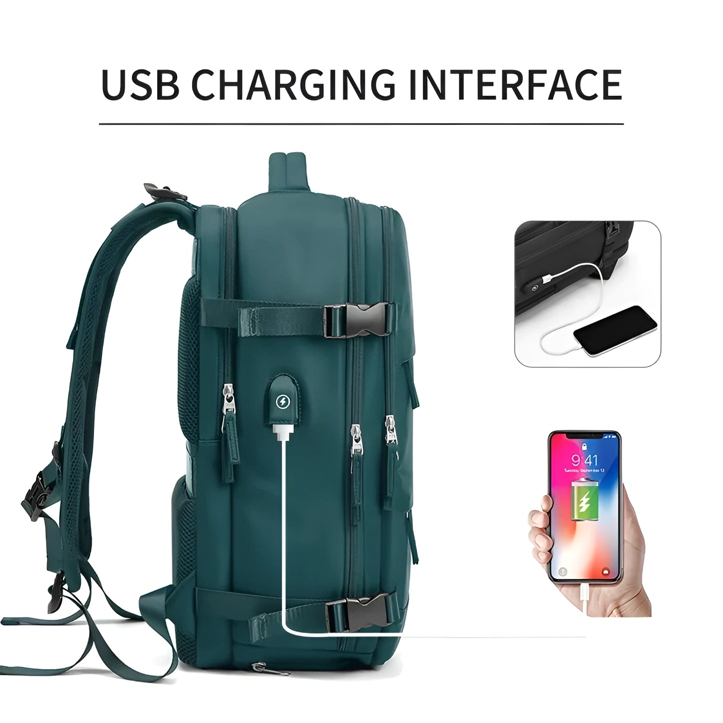 Green backpack with USB charging interface, smartphone, and cable on a white background