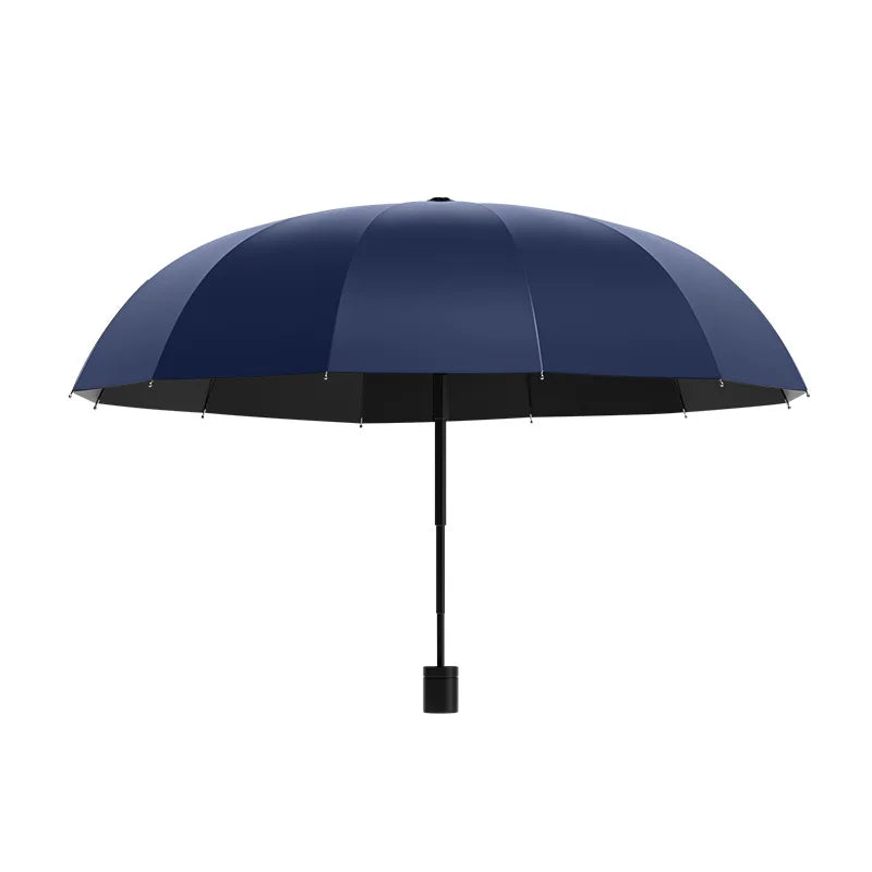 Blue umbrella with black handle and trim on a white background