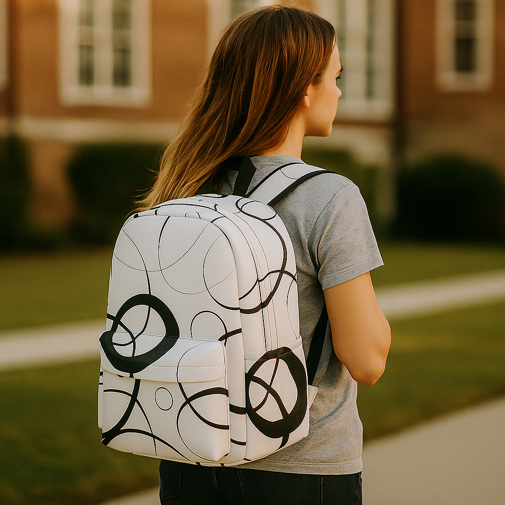 Person wearing a white backpack with black designs in an outdoor setting