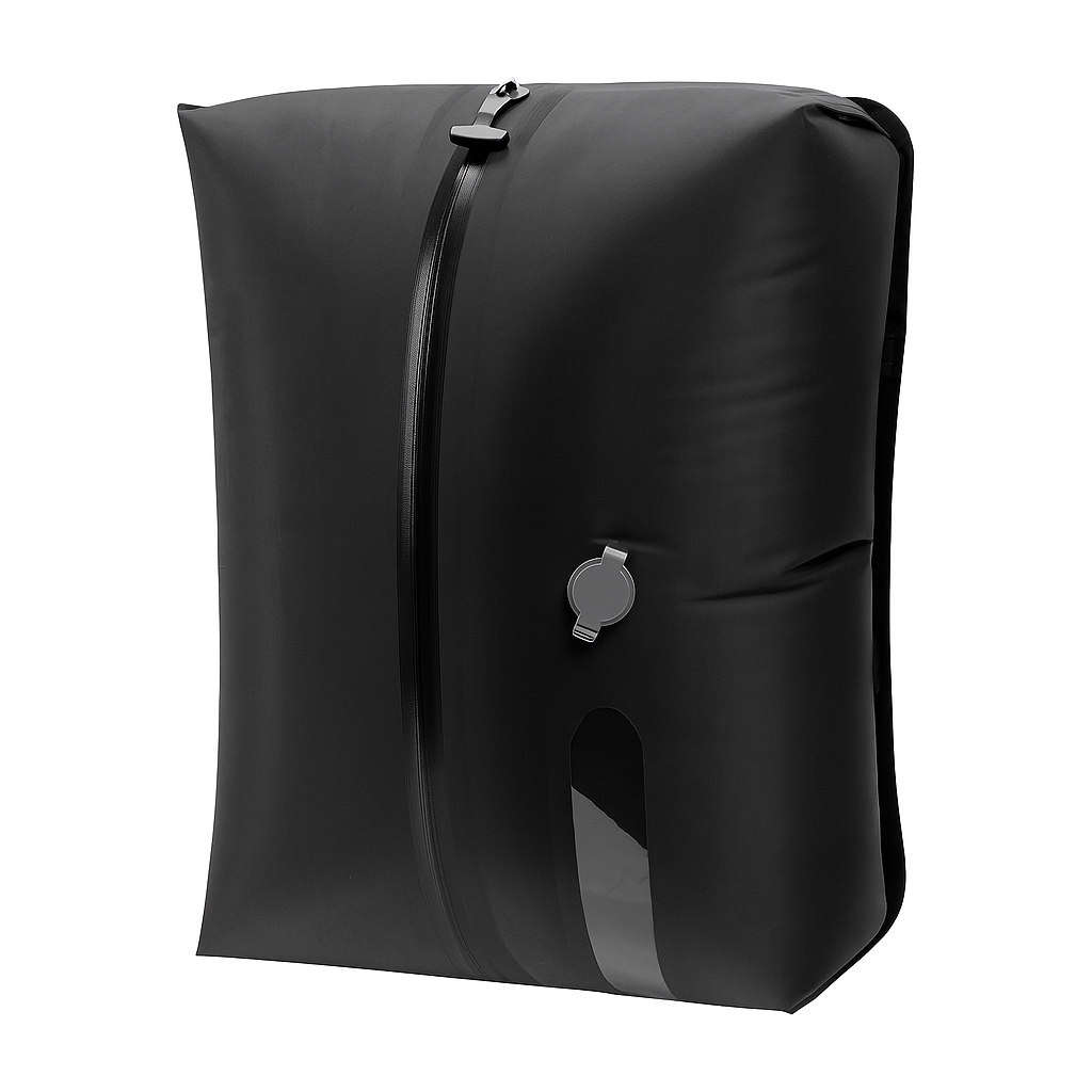 Black inflatable bag with a zipper on a white background